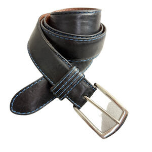 J Hilburn Italian Calfskin Leather Belt Mens Size 40 Black Blue Constrast Stitch